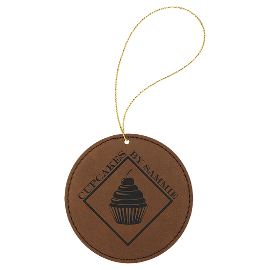 Dark Brown Gold Laserable Leatherette Round Ornament with String