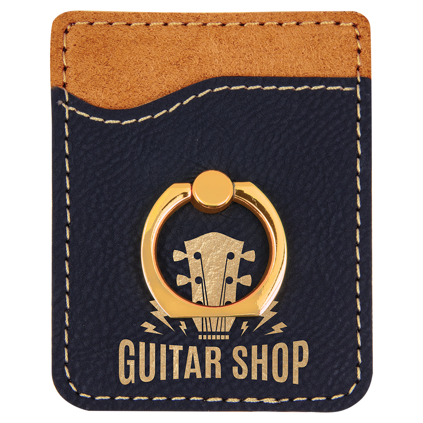 Black/Gold Laserable Leatherette Phone Wallet with Gold Ring