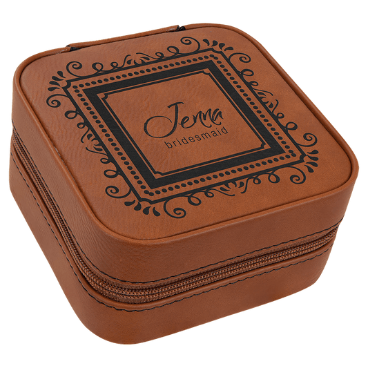 Rawhide 4" X 4" Laserable Leatherette Travel Jewelry Box with Tan Lining