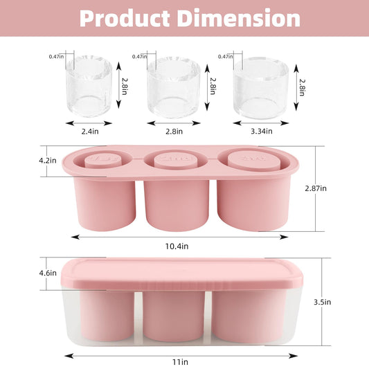 Fu Store Ice Cube Tray for Tumbler Cup 30-40 oz Tumbler 3pcs Silicone Ice Cube Molds With Lid and Bin for Chilling Cocktails Whiskey Drinks Juice Coffee Easy Fill and Release Ice Maker (Pink，40 oz)