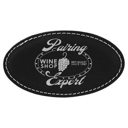 Black/Silver 3 1/4" x 1 3/4" Laserable Leatherette Oval Badge Blank with Magnet