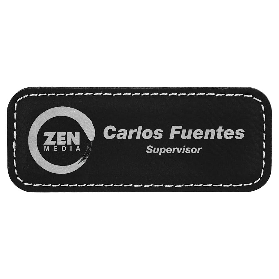 Black/Silver 3 1/4" x 1 1/4" Laserable Leatherette Badge Blank with Magnet