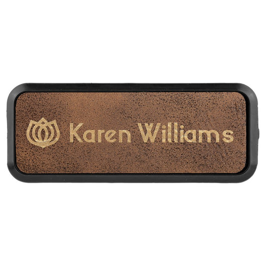 3" x 1" Rustic/Gold Laserable Leatherette Round Corner Badge & Frame