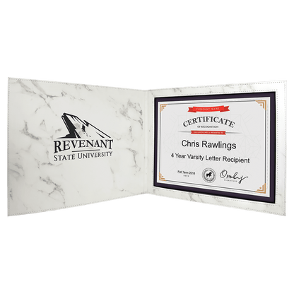 White Marble 9" x 12" Laserable Leatherette Certificate Holder for 8 1/2" x 11"