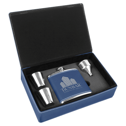 Blue/Silver 6 oz. Laserable Leatherette Flask Gift Set