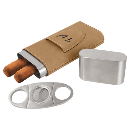 Light Brown Laserable Leatherette Cigar Case with Cutter