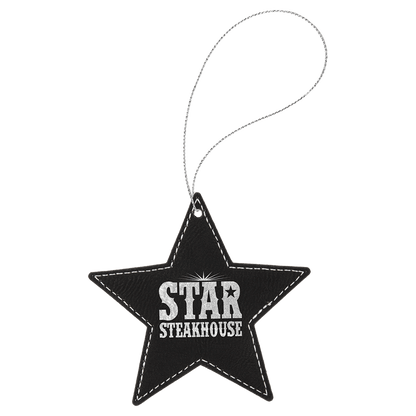 Black/Silver Laserable Leatherette Star Ornament with Silver String
