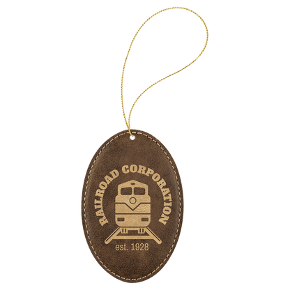 Rustic/Gold Laserable Leatherette Oval Ornament with Gold String