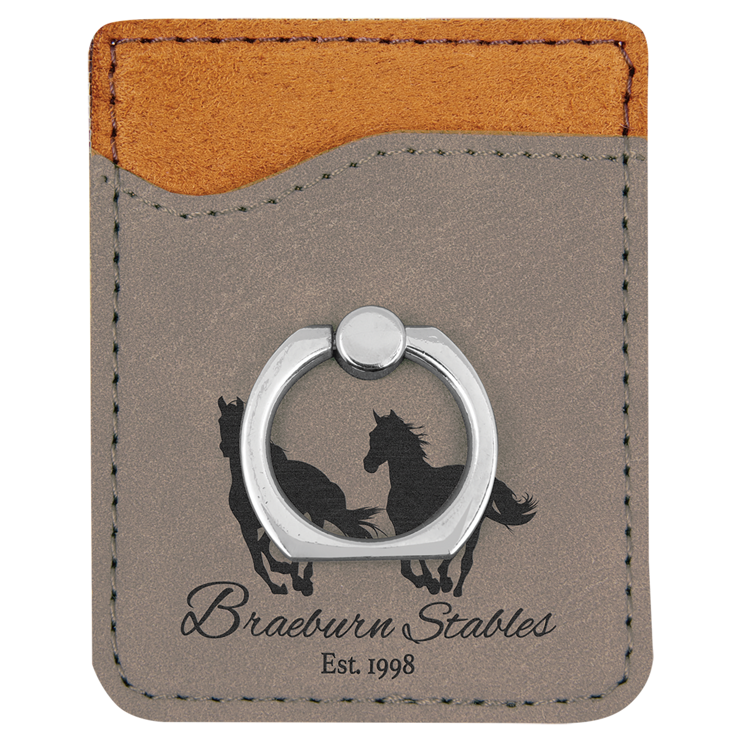 Gray Laserable Leatherette Phone Wallet with Silver Ring