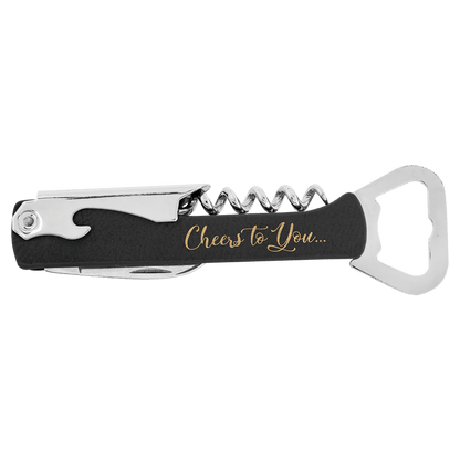 Black/Gold Laserable Leatherette Wine Bottle Opener