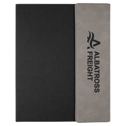 9 1/2" x 12" Gray Laserable Leatherette / Black Canvas Portfolio w / Notepad