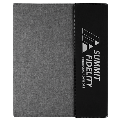 Black/Silver Laserable Leatherette / Gray 9 1/2" x 12" Laserable Leatherette / Canvas Portfolio with Notepad