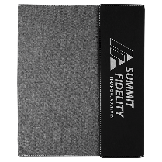 Black/Silver Laserable Leatherette / Gray 9 1/2" x 12" Laserable Leatherette / Canvas Portfolio with Notepad