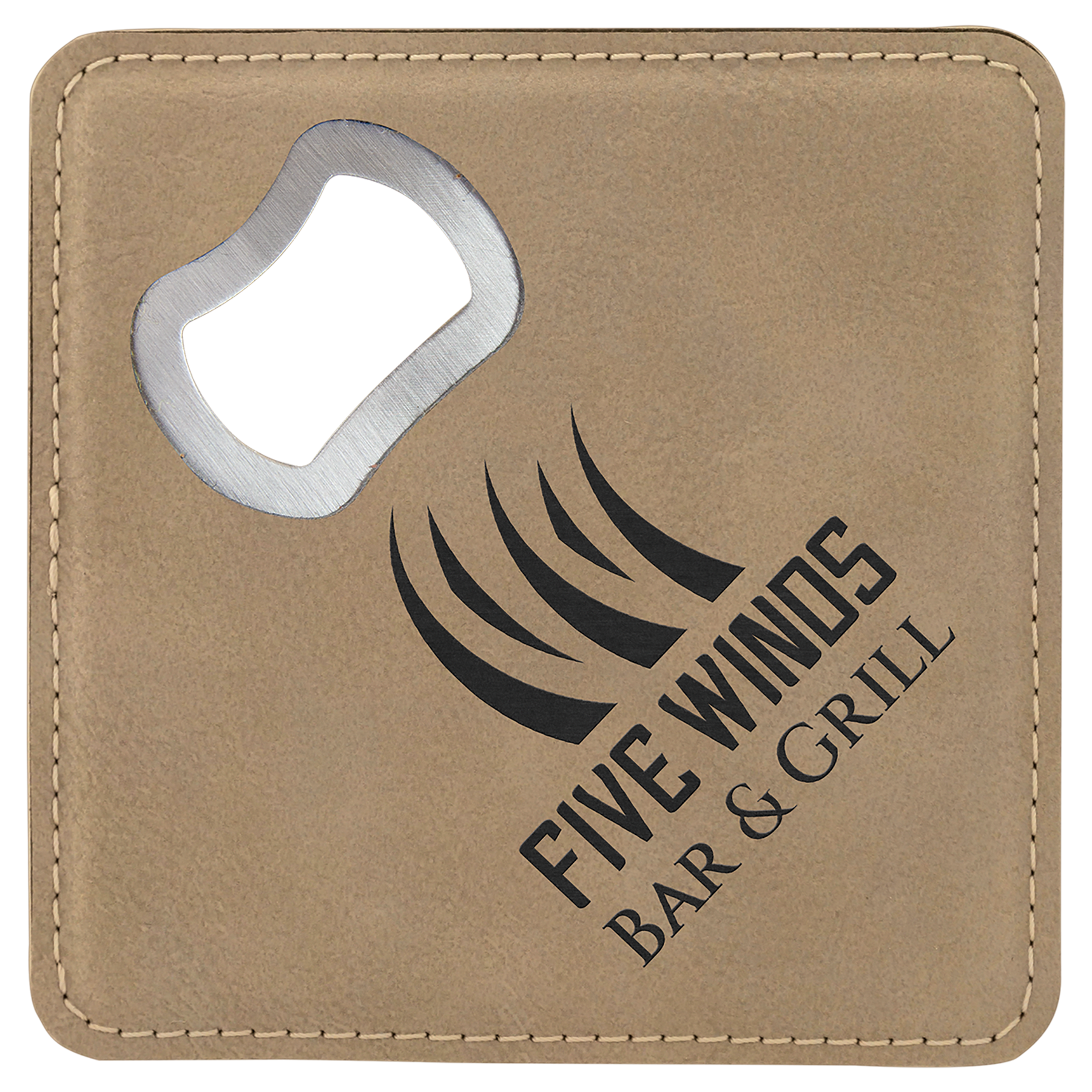 Light Brown 4" x 4" Square Laserable Leatherette Bottle Opener Coaster