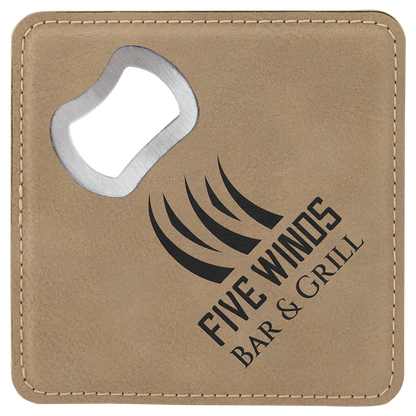 Light Brown 4" x 4" Square Laserable Leatherette Bottle Opener Coaster