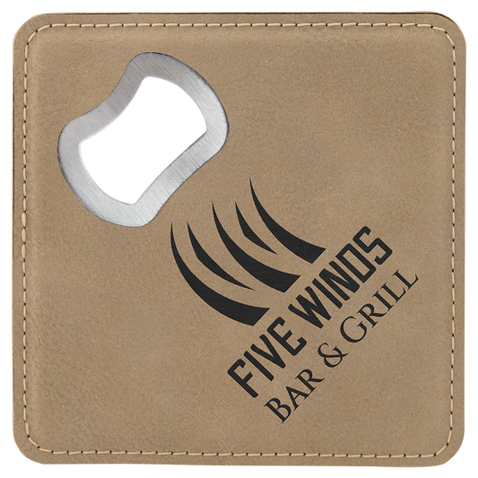 Light Brown 4" x 4" Square Laserable Leatherette Bottle Opener Coaster