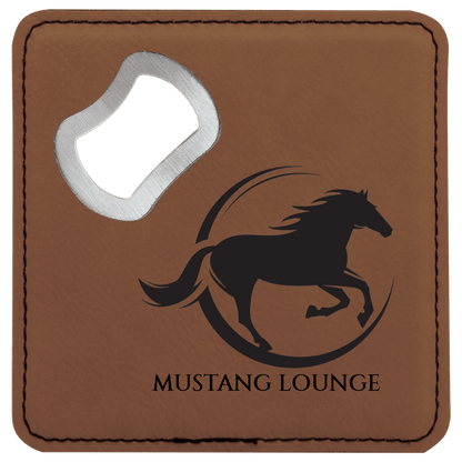 Dark Brown 4" x 4" Square Laserable Leatherette Bottle Opener Coaster