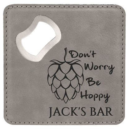 Gray 4" x 4" Square Laserable Leatherette Bottle Opener Coaster