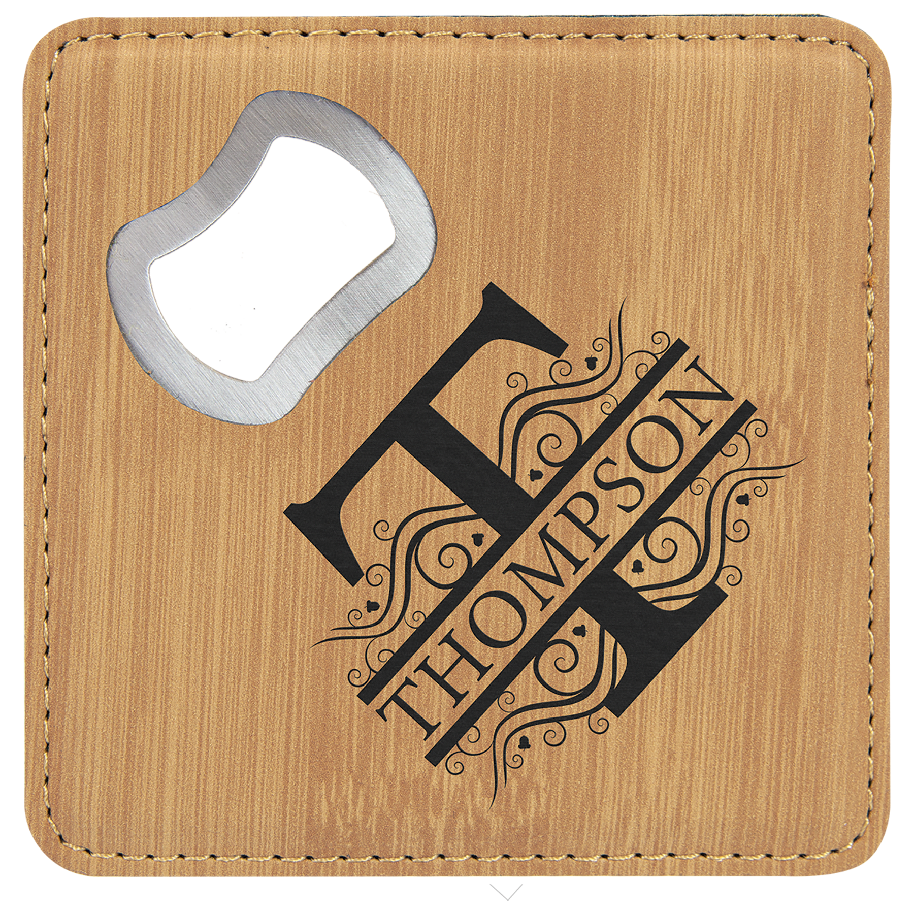 Bamboo 4" x 4" Square Laserable Leatherette Coaster with Bottle Opener