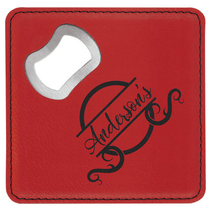 Red 4" x 4" Square Laserable Leatherette Bottle Opener Coaster