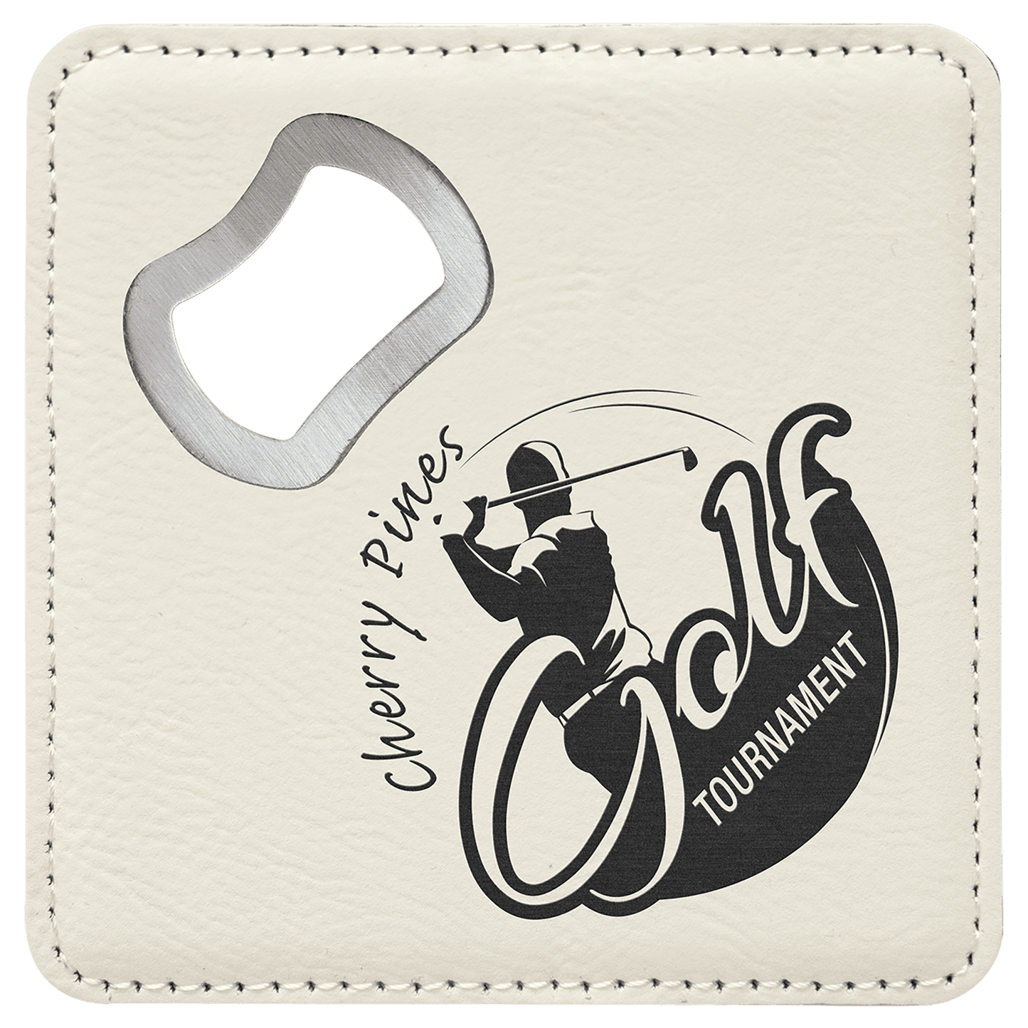 White 4" x 4" Square Laserable Leatherette Bottle Opener Coaster