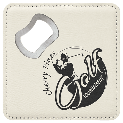 White 4" x 4" Square Laserable Leatherette Bottle Opener Coaster