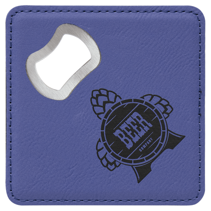 Purple 4" x 4" Square Laserable Leatherette Bottle Opener Coaster