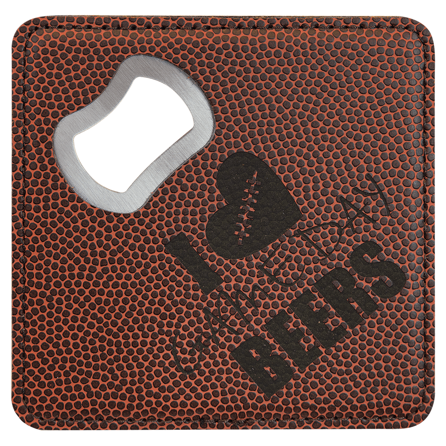 Football 4" x 4" Square Laserable Leatherette Coaster with Bottle Opener