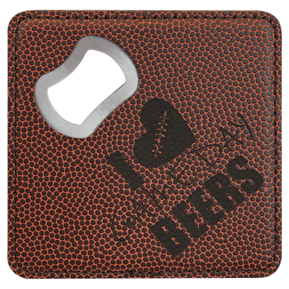 Football 4" x 4" Square Laserable Leatherette Coaster with Bottle Opener