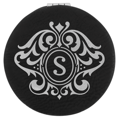 Black/Silver 2 1/2" Laserable Leatherette Compact Mirror