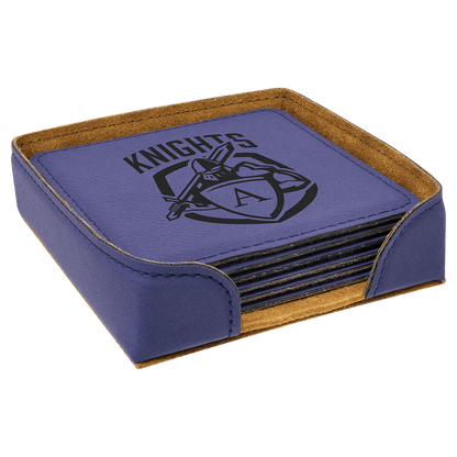 Purple 4" x 4" Square Laserable Leatherette 6-Coaster Set