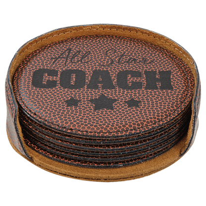 Football 2 4" Round Laserable Leatherette 6-Coaster Set