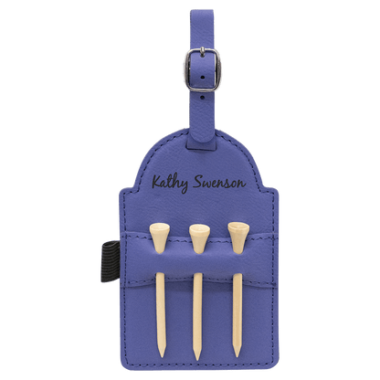 Purple 5" x 3 1/4" Laserable Leatherette Golf Bag Tag with 3 Wooden Tees