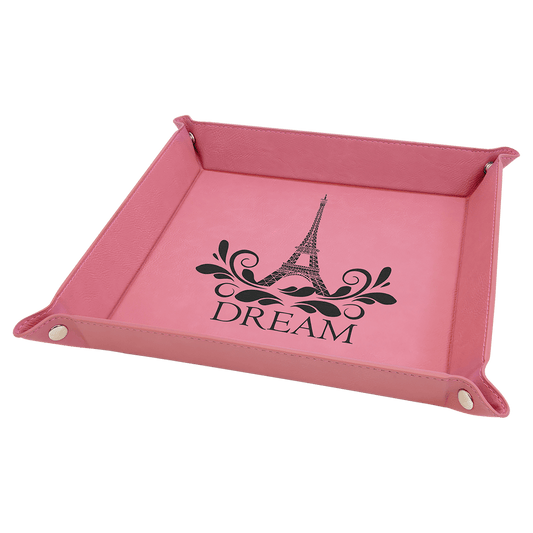 Pink 2 6" x 6" Laserable Leatherette Snap Up Tray with Silver Snaps