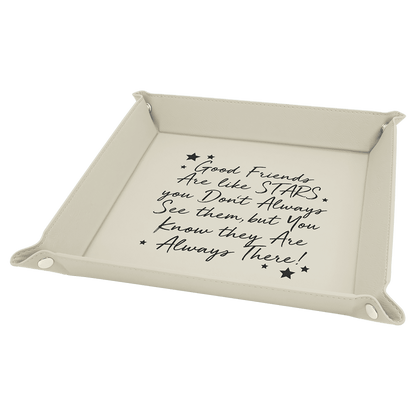 White/Black 6" x 6" Laserable Leatherette Snap Up Tray with Silver Snaps