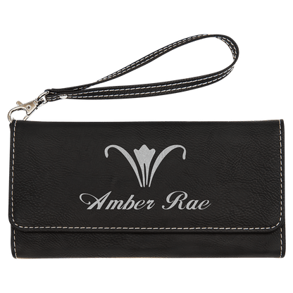 Black/Silver 7 1/2" x 4" Laserable Leatherette Wallet with Strap