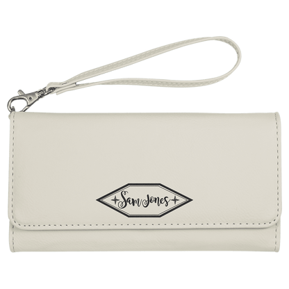 White 7 1/2" x 4" Laserable Leatherette Wallet with Strap