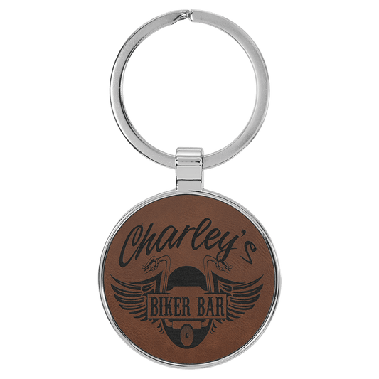 Dark Brown 1 1/2" Laserable Leatherette/Metal Round Keychain