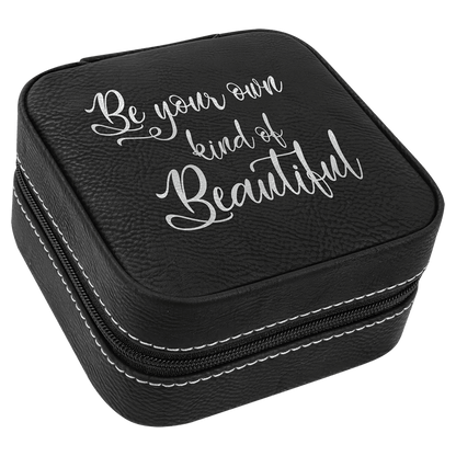 Black/Silver 4" X 4" Laserable Leatherette Travel Jewelry Box with Tan Lining
