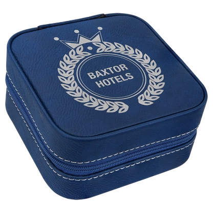Blue/Silver 4" X 4" Leatherette Travel Jewelry Box with Tan Lining