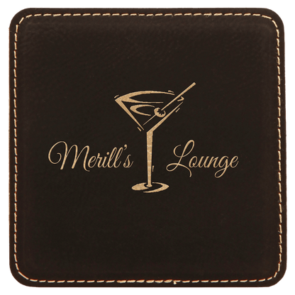 Black/Gold 2 4" x 4" Square Laserable Leatherette 6-Coaster Set