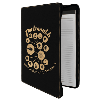 Black/Gold 9 1/2" x 12" w/ Zipper Laserable Leatherette Portfolio with Notepad