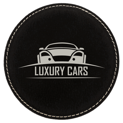 Black/Silver 4" Round Laserable Leatherette Coaster