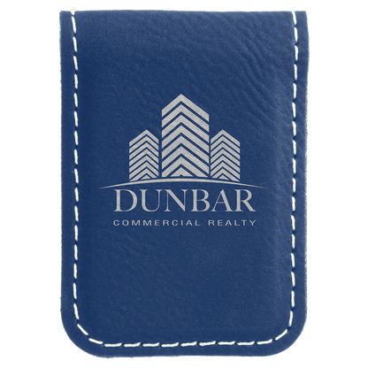 Blue/Silver 1 3/4" x 2 1/2" Laserable Leatherette Money Clip