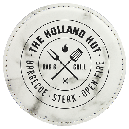 White Marble 4" Round Laserable Leatherette 6-Coaster Set