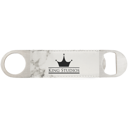 1 1/2" x 7" White Marble Laserable Leatherette Bottle Opener