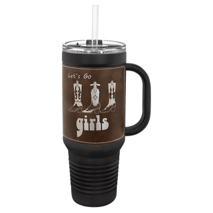 Black with Rustic/Silver Polar Camel 40 oz. Black Leatherette Travel Mug with Handle & Straw