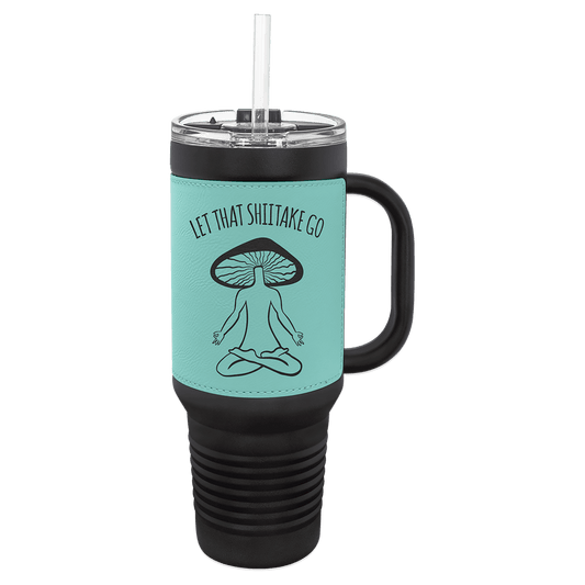 Black with Teal Polar Camel 40 oz. Black Leatherette Travel Mug with Handle & Straw